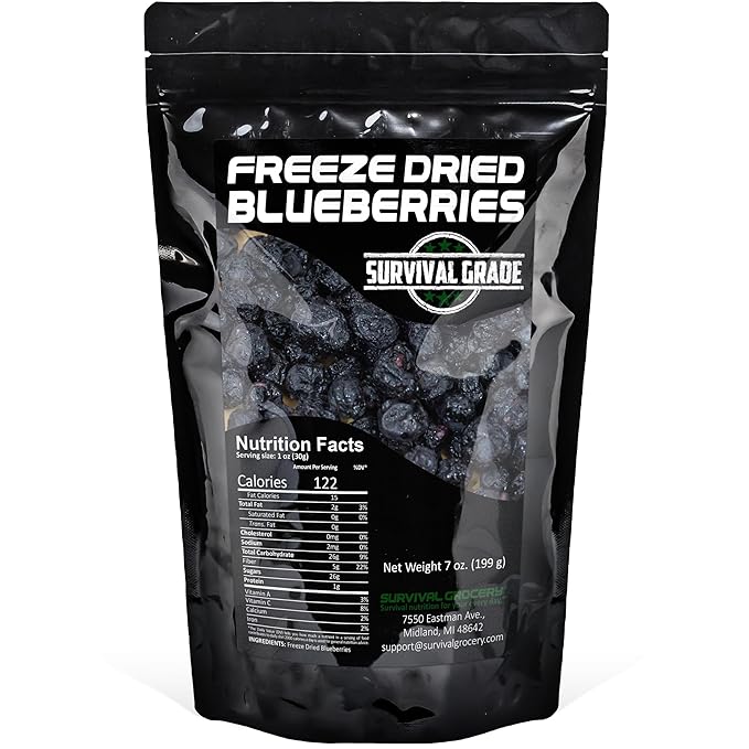 Survival Grocery® Freeze Dried Blueberries – Gluten-Free Unsweetened Blueberry Snack – Rich in Antioxidants Vitamin C &amp Fiber – Long Shelf Life Perfect for Smoothies Oatmeal Baking &amp On-t