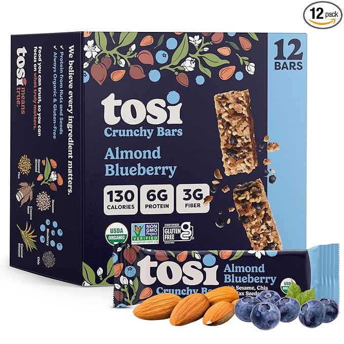 Tosi Nut Bars Almond Blueberry Healthy Snacks for Adults &amp Kids Plant Based Crunchy Bars (6G Protein) Organic Keto Snacks Vegan Gluten &amp Soy Free Low Sugar Omega 3s 1oz 12-Pack