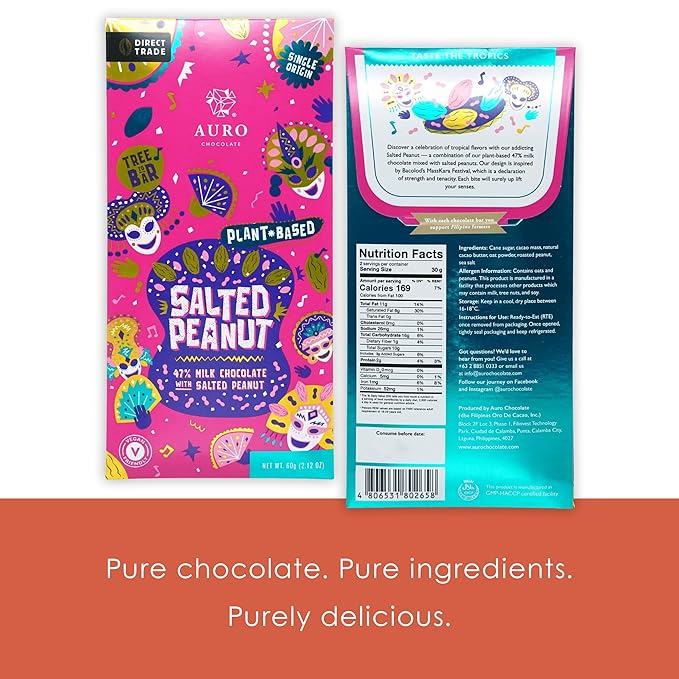 Auro Salted Peanut 47% Milk Chocolate 3 Pack - Filipino Chocolate - Premium Made At Origin Direct Trade Bean-to-Bar Woman Owned BIPOC Owned - Vegan Halal - Bundle