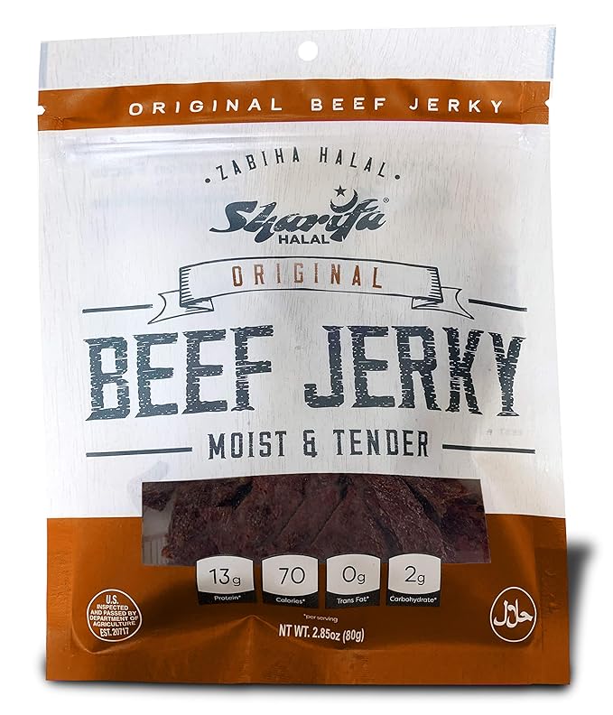 Sharifa Halal Beef Jerky Original (5 Pack) Each Bag 2.85 oz – Great Everyday Halal Jerky Beef Meat Snack 100 % Real Zabiha Halal Beef 13g of Protein 70 Calories 0g Trans Fat &amp 2g of Carbohy