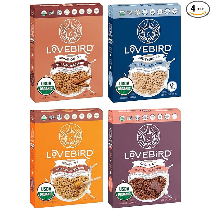 Lovebird Organic Cereal That Actually Tastes Good - 100% Real Food &amp Healthy Gluten Free Cereal No Refined Sugar Paleo Keto Friendly Healthy Snacks for Kids Adults - Variety 4-Pack
