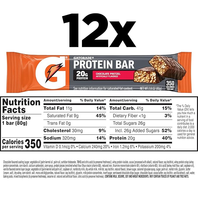 Gatorade Whey Protein Bars Chocolate Pretzel 2.8 oz bars (Pack of 12 20g of protein per bar)