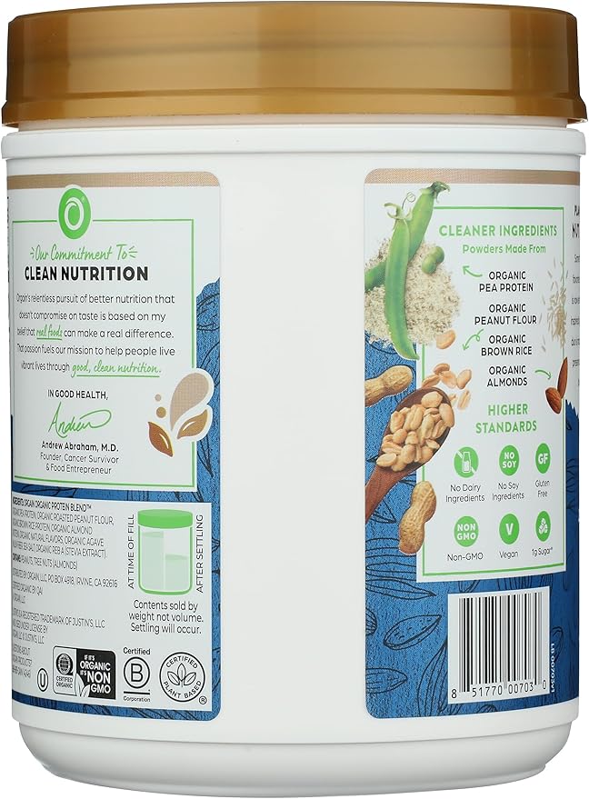 Orgain X Justin's ® Organic Vegan Nut Butter Protein Powder Vanilla Almond Butter- 20g Plant Protein 1g Sugar Gluten Free No Dairy Soy Ingredients or Artificial Flavors 1.17 lb