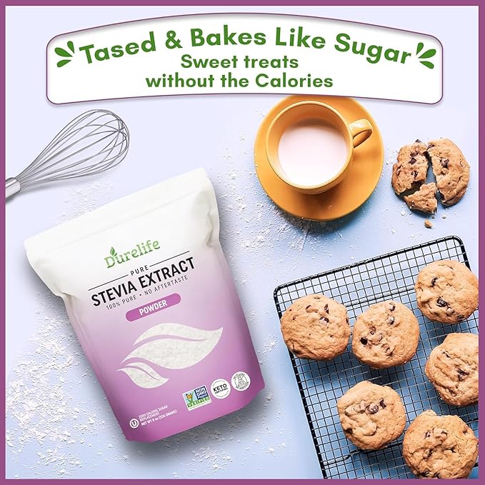 Durelife 100% Pure stevia extract sweetener | No Erythritol NON-GMO Project Verified No Fillers Zero Calorie Sugar Substitute | No Aftertaste | Micro-Spoon Included (16 Ounce (Pack of 1))