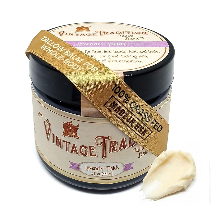 Vintage Tradition Beef Tallow All Purpose Balm - Healing Hydrating Lavender Skin Care Salve Replaces Body Lotion Hand Cream More - Essential Oil Olive Oil and Grass-Fed Tallow 2 fl. oz.