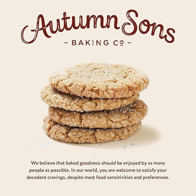 Autumn Sons Baking Co. Soft Ginger Snap Gluten Free Cookie Mix. Special Edition. Fall &amp Winter Baking. Christmas Cookies Vegan Plant Based. Dairy Soy &amp Nut Free. Top 9 Allergen Free. 9.2 oz