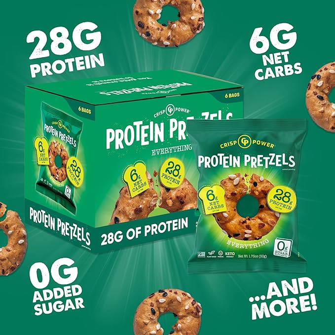 CRISP POWER Protein Pretzels Everything 28G Protein High Protein Snack High Fiber Low Carb Crunchy Pretzel Snacks No Added Sugar 1.75 oz Bags 6 Pack Vegan Keto