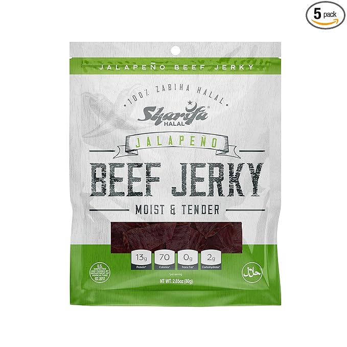 BEEF JERKY ORIGINAL (JALAPENO) (5 Pack) Each Bag 2.85 oz – Great Everyday Halal Jerky Beef Meat Snack 100% Real Zabiha Halal Beef 13g of Protein 70 Calories 0g Trans Fat &amp 2g of Carbohydrates