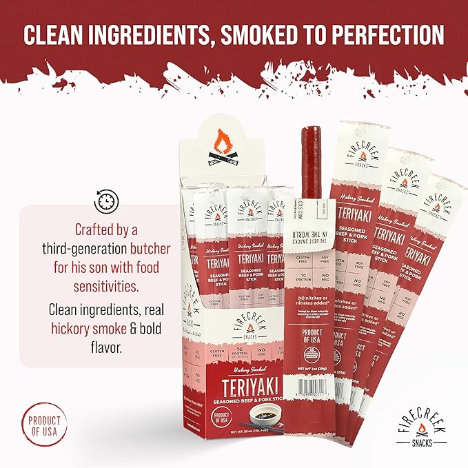 FireCreek Snacks Beef Sticks (Jerky Sticks) Hickory Smoked Beef &amp Pork Meat Sticks 20 Pack (1 oz) 7g Protein Gluten Free Soy Free No MSG Teriyaki