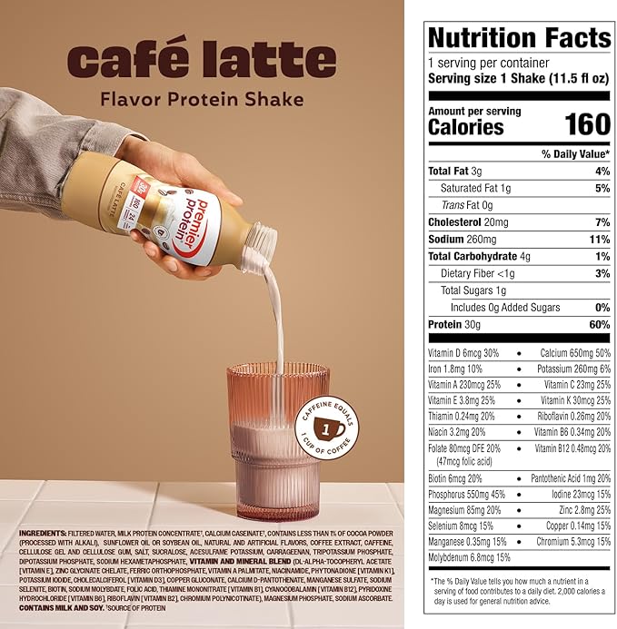 Premier Protein Shake Café Latte 30g Protein No Added Sugar 24 Vitamins &amp Minerals to Support Immune Health 11.5 fl oz 12 Pack (Packaging May Vary)