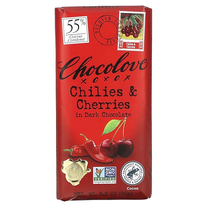 Chillies and Cherries in Dark Chocolate Bar 3.20 Ounces (Case of 12)