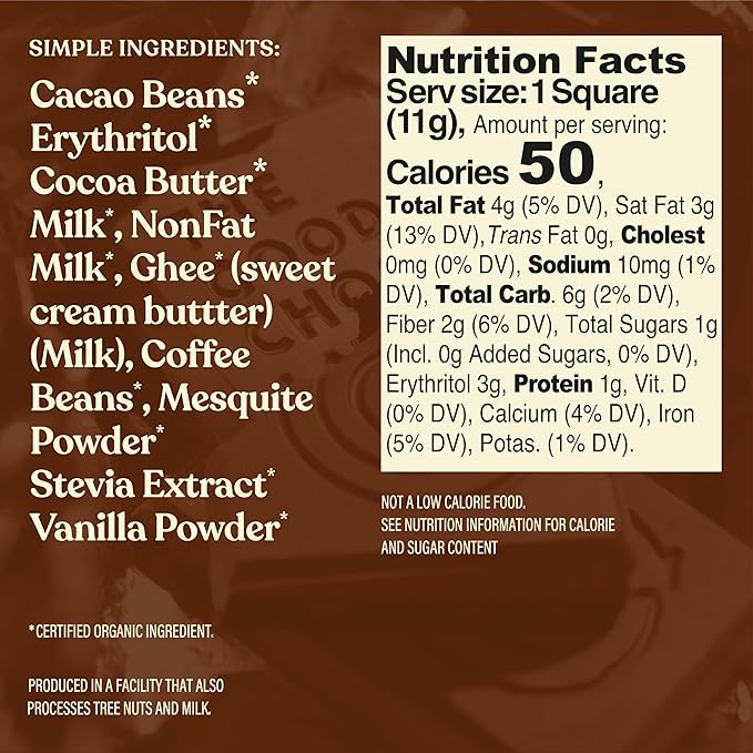 The Good Chocolate - Keto Milk Chocolate Coffee Style Squares 80% Less Sugar Lower Net Carb Snack Lower Calorie Creamy Chocolate Candy 24 Square Family Pack