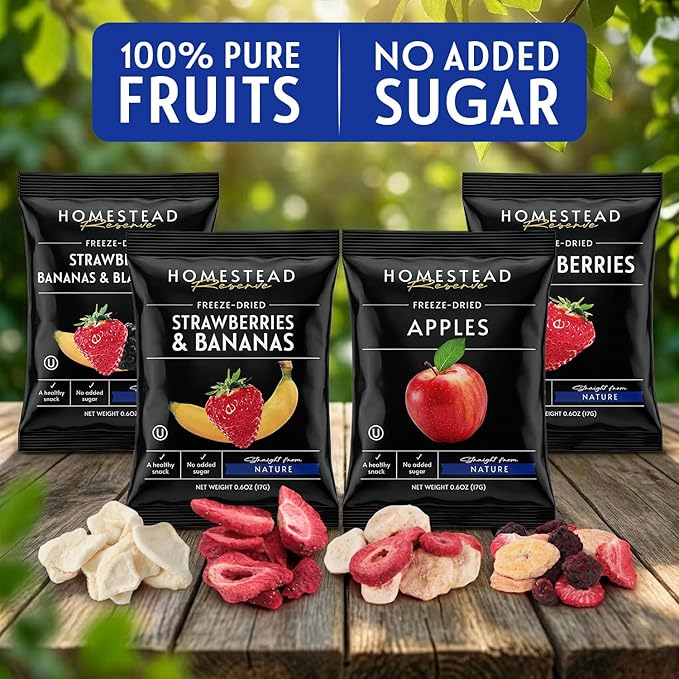HOMESTEAD RESERVE Freeze Dried Fruit Snacks Pack of 8 (0.6oz Each) – Bulk Freeze-Dried Fruit for Home or Travel – Individual Snack Packs for Lunchboxes – Includes Apples Strawberries Blackberries &