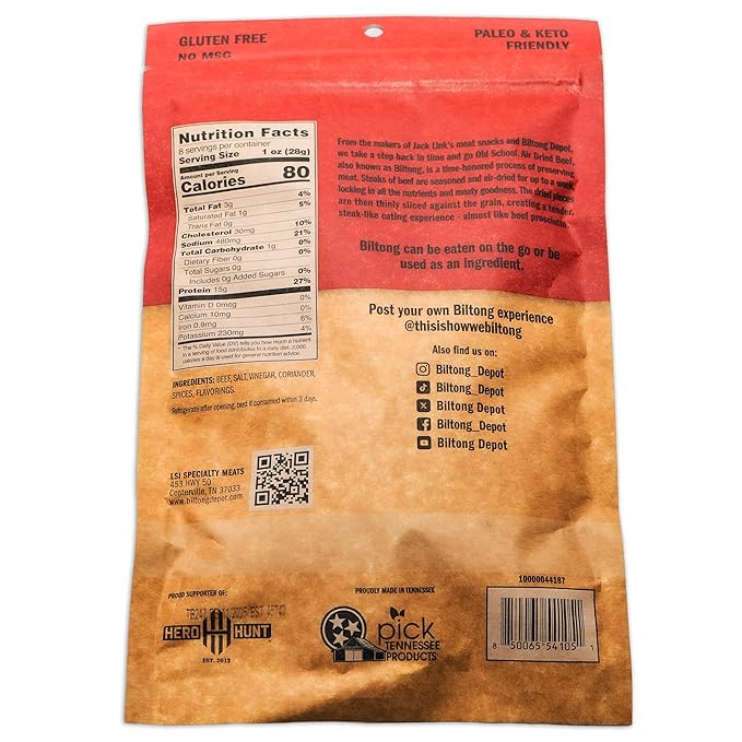 Biltong Depot Original Beef Biltong Slices with Fat – 8oz | Air-Dried Beef Jerky Snack | High Protein | Zero Sugar | Keto &amp Paleo Friendly | Gluten Free | No Artificial Preservatives | No MSG