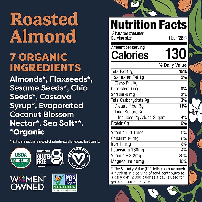 Tosi Nut Bars Almond Healthy Snacks for Adults &amp Kids Plant Based Crunchy Bars (5G Protein) Organic Keto Snacks Vegan Gluten &amp Soy Free Low Sugar Omega 3s 1oz 12-Pack