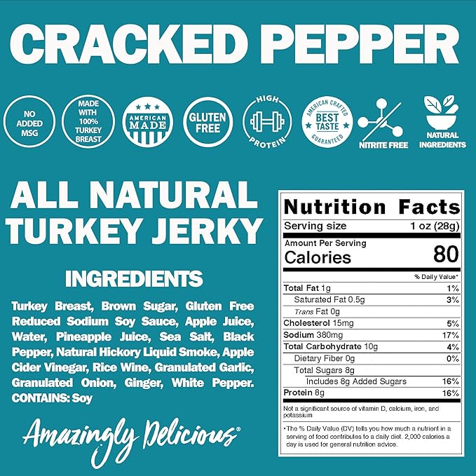 Field Trip Turkey Jerky Gluten Free Low Carb Healthy High Protein Snacks No Nitrates All Natural Ingredients Cracked Pepper 1oz Bags 12 Pack