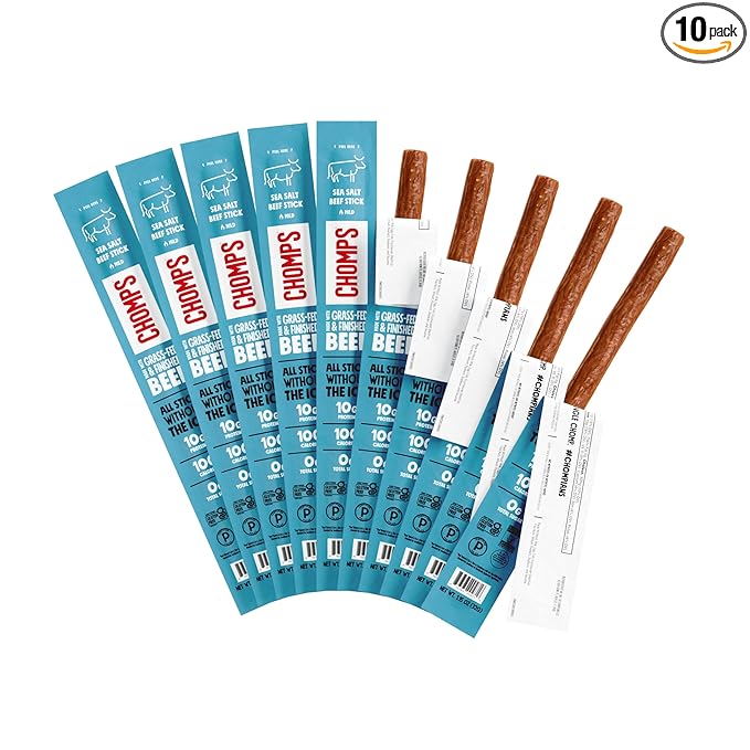 Chomps Grass-Fed and Finished Sea Salt Beef Jerky Snack Sticks 10-Pack - Keto Paleo Whole30 10g Lean Meat Protein Gluten-Free Zero Sugar Food Non-GMO