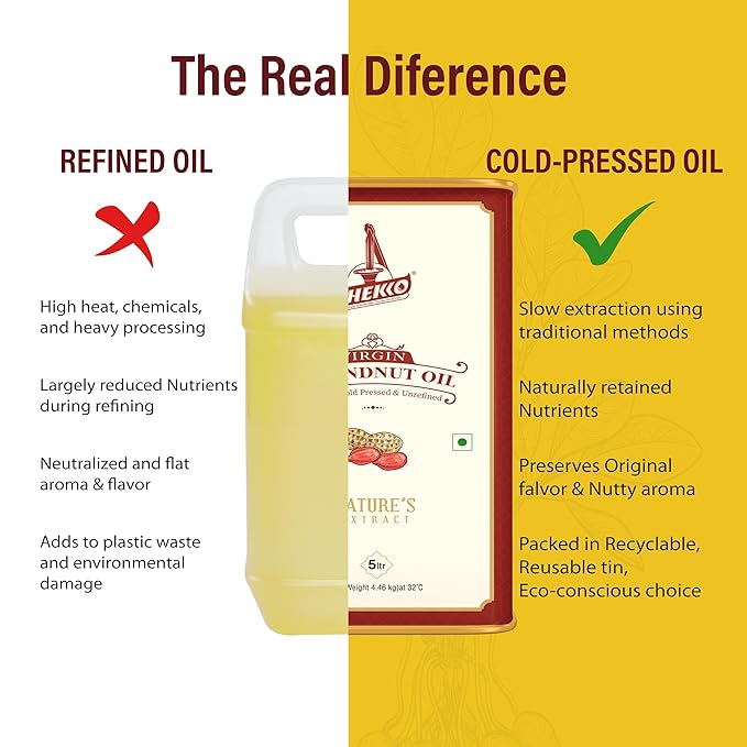 Chekko Peanut Oil Cold Pressed | 5 Liter (169 Fl Oz) | Groundnut Oil | Unrefined Wood Pressed | Pure Natural Non-GMO Cooking Oil for Deep Frying