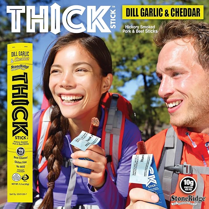 THICK STICK - STONERIDGE OLD-FASHIONED QUALITY DILL GARLIC &amp CHEDDAR - Hickory Smoked Pork and Beef Snack Sticks Gluten Free No MSG 15 Count THICK 1.5 oz Sticks High Protein Soy Free 15 Cou