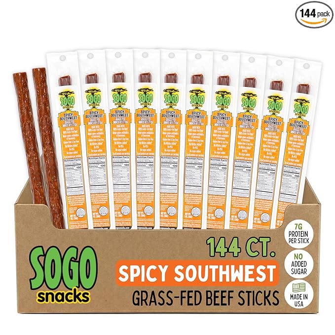Spicy Habanero Tex-Mex Sogo Snacks 100% Grass Fed Beef Sticks. No Sugar Nitrates Nuts MSG. Non-GMO. Gluten Free Beef Jerky. Soy Free Dairy Free Snacks. Paleo &amp Keto Snack (Tex-Mex 144 Cnt)