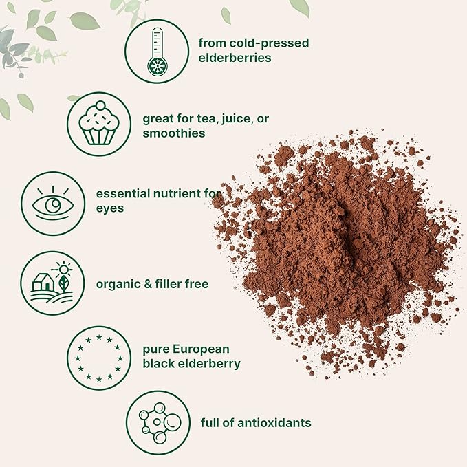 Organic Elderberry Juice Powder 4oz | 100% Natural Fruit Powder | Cold Pressed European Elderberries | No Sugar &amp Additives | Great Flavor for Drinks Smoothie &amp Beverages | Non-GMO &amp Ve