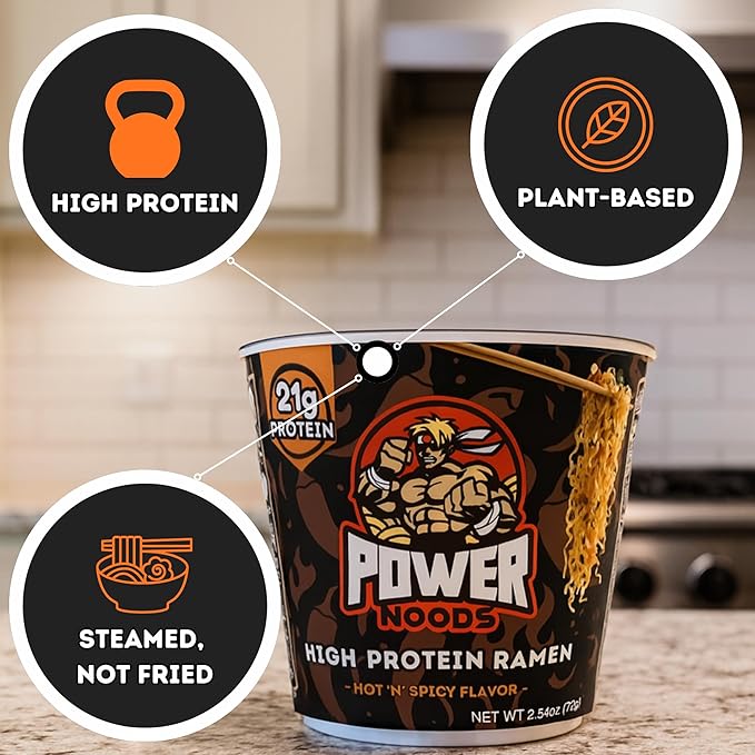 Power Noods High Protein Ramen Noodles - 12 or 6 Pack | Protein Ramen Cups for Lunch or Dinner | Better for You Plant-Based Instant Meal | Hot 'N' Spicy