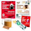 Copper Cow Coffee Pour Over Vietnamese Coffee Pouches + Sweetened Condensed Milk Creamers (8 Coffees &amp 8 Milk Creamers) | Churro Lattes No Refrigeration Needed Travel Friendly Ground Coffee