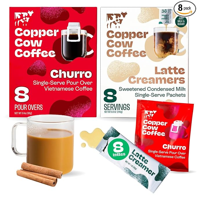 Copper Cow Coffee Pour Over Vietnamese Coffee Pouches + Sweetened Condensed Milk Creamers (8 Coffees &amp 8 Milk Creamers) | Churro Lattes No Refrigeration Needed Travel Friendly Ground Coffee