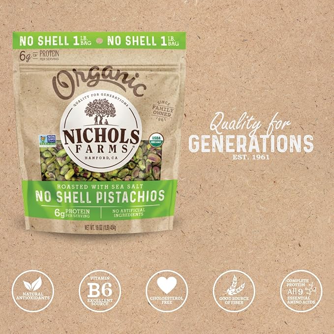 Nichols Farms Organic No Shell California Pistachios Healthy Protein Snack Roasted Sea Salt 1LB