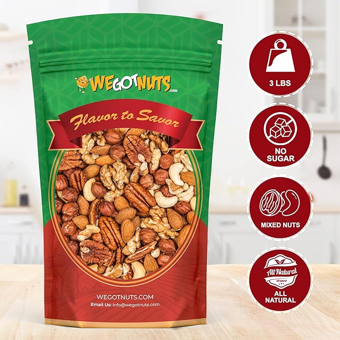 Raw Deluxe Unsalted Mixed Nuts- Premium Quality Kosher Mixed Nuts Snack by We Got Nuts- Natural Rich Flavor Cashews Walnuts Almonds Pecans Macadamia Nuts &amp More- Packed in A Resealable Bag- 3