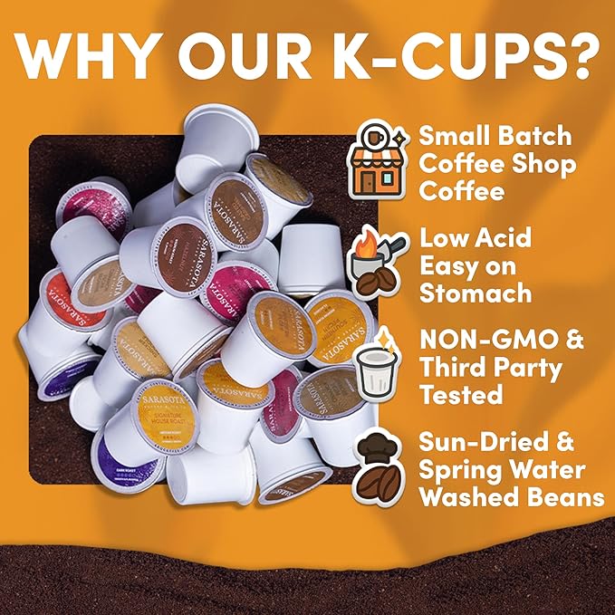 Sarasota K-Cup Coffee Pods | Medium Roast Flavored Coffee | Southern Pecan Crunch | Single Serve for Keurig Brewers | Gourmet Low Acid Mold Free | 24 Count