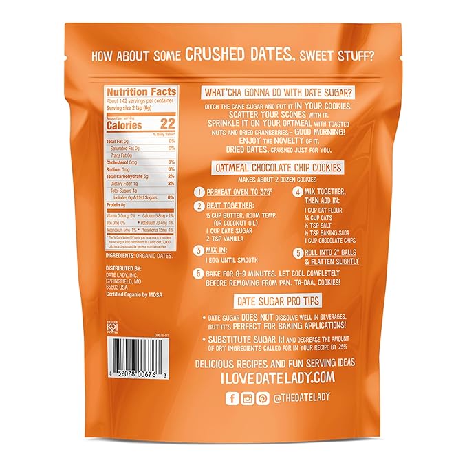 Date Lady Date Sugar 30oz Organic | 100% Whole Food | Vegan Paleo Gluten-free &amp Kosher | Sugar Substitute and Alternative Sweetener for Baking | Will Not Dissolve in Your Coffee (1 Bag)