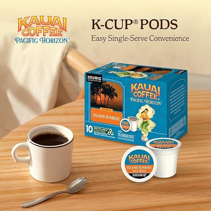 Kauai Coffee K-Cup Pods for Keurig Brewers – Arabica Coffee 10% Hawaiian – Mild Roast Light with Bright Aroma – Island Sunrise 1 Pack of 10 Single Serve K-Cups