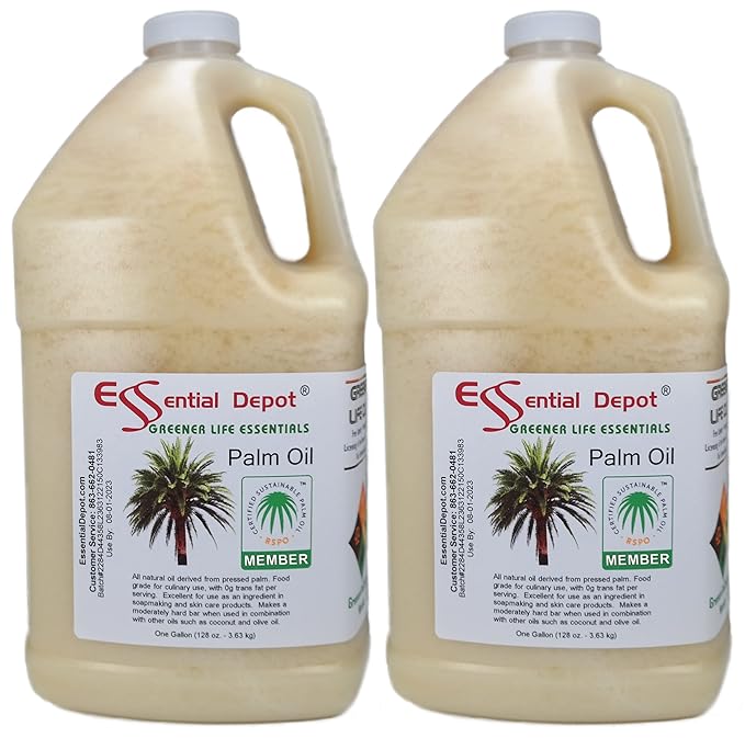 Essential Depot Palm Oil - RSPO Certified - Sustainable - Food Grade - Kosher - Not Hydrogenated - 2 Gallons - 2 x 1 Gallon - Safety Sealed HDPE Container with Resealable Cap