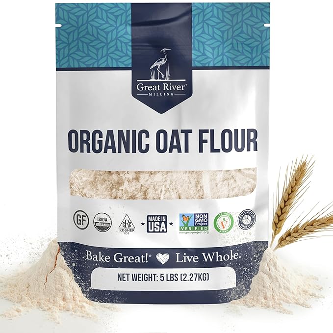 Great River Milling Organic Oat Flour | Gluten Free Whole Grain Flour | Non-GMO Kosher Vegan Certified | Naturally Sweet Flavor for Pancakes Muffins Cookies &amp Baking Blends | 5 Lb
