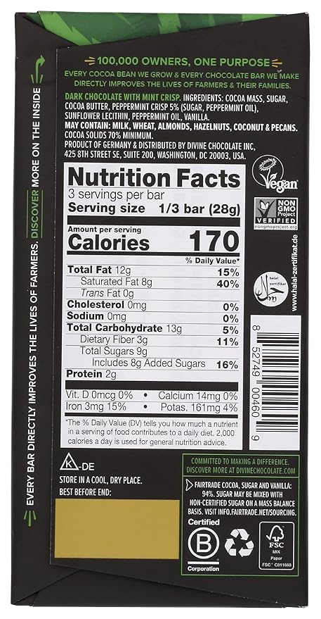 Divine Chocolate Bars - 70% Dark Chocolate with Mint Crisp - Made with Fairtrade Cocoa Natural Ingredients No Artificial Flavors | 3oz. Bars (12 Pack)