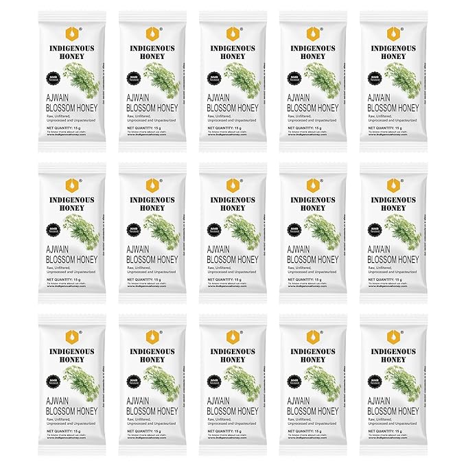 INDIGENOUS HONEY Raw Pure Ajwain Honey Natural Organic Unprocessed Added Sugar Free NMR Tested Unpasteurized Unheated 15 Travel Sachets 15g Each Total 225g