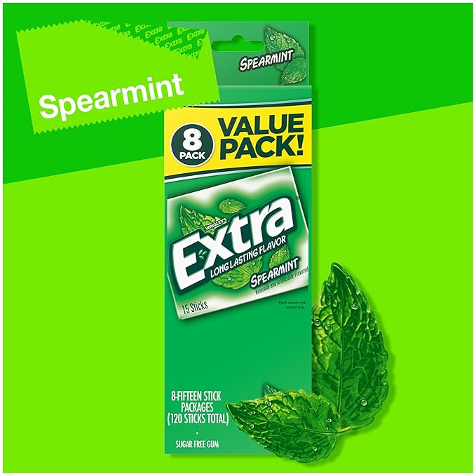 EXTRA Chewing Gum Sugar-Free Spearmint Flavor 8 ct/Box Pack of 6 (48 Count Total) Bulk Mint Gum