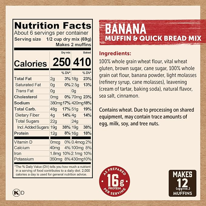 Kodiak Cakes Muffin Baking Mix Banana High Protein 100% Whole Grains (Pack of 6)