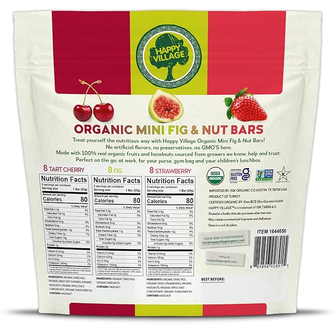 Happy Village Organic Mini Fig &amp Nut Bars VARIETY (24 Packs 0.7 OZ each) No Refined Sugar Kosher Non-GMO Gluten Free Vegan Good Source of Fiber Snack Bars (8 Tart Cherry 8 Fig 8 Strawber