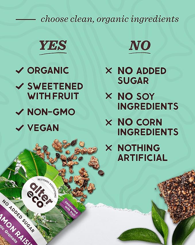 Alter Eco Cinnamon Raisin Granola Healthy Organic Breakfast &amp Snack Naturally Sweetened with Fruit Vegan No Artificial Sugars or Additives Regeneratively-Farmed Oats (Cinnammon Raisin - 6 Pa