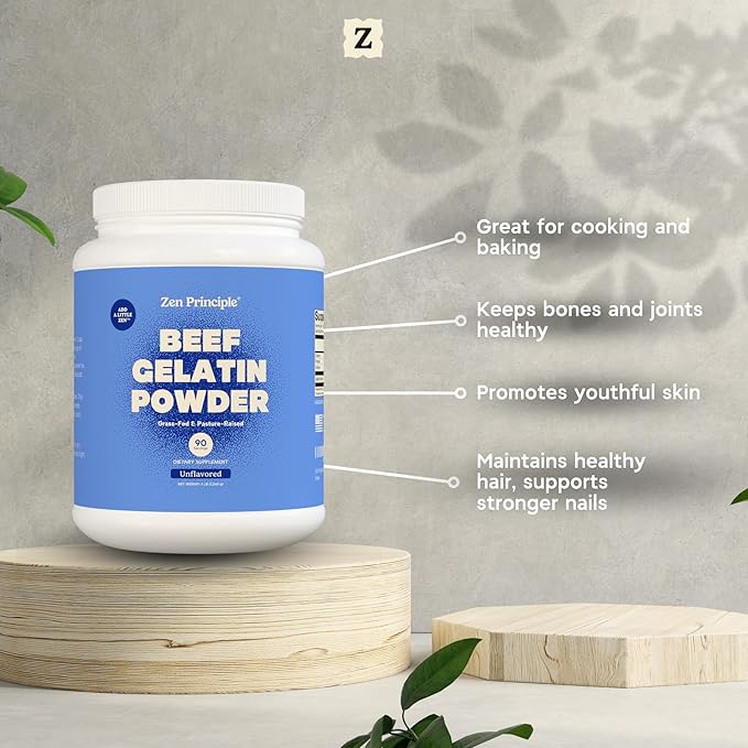 Zen Principle Grass-Fed Gelatin Powder 3 lb. Custom Anti-Aging Protein for Healthy Hair Skin Joints &amp Nails. Paleo and Keto Friendly. Cooking and Baking. GMO-Free and Gluten-Free. Unflavored.