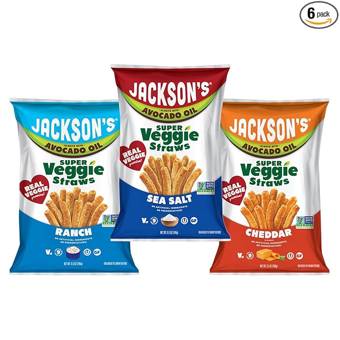 Jackson’s Super Veggie Straws Variety Pack (6.5 oz Pack of 6) – Ranch Cheddar Sea Salt – Gluten Free Made with Premium Avocado Oil Veggie Chips Snack Variety Pack Veggie Straws Individual Bags