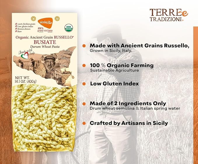Tere e Tradizionni Organic Timilia/Tumminia Low-Gluten Index Semi-Whole Wheat Busiate Pasta - Ancient Grains Grown in Sicily Italy - Al Dente Texture - Non-GMO - Lower Carb - No Sugar Added - High in