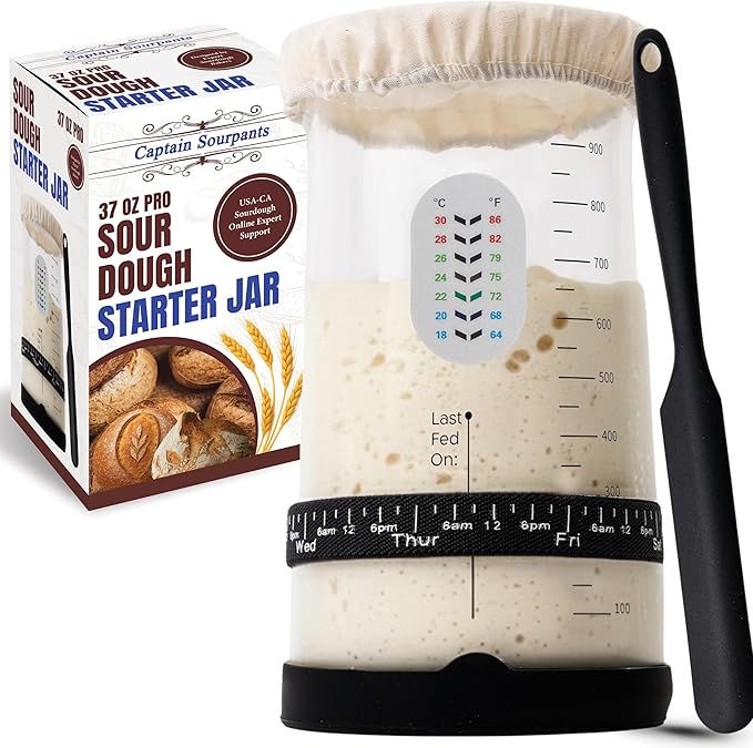 Pro Sourdough Starter Kit -37oz Wide Mouth Sourdough Starter Jar Kit for Bread - Large Glass Sourdough Jar Feeding Band Cloth Cover Spatula &amp Thermometer–Best Sourdough Bread Kit for Beginners