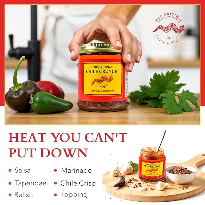 CHILE CRUNCH - Hot Spicy Crunchy Condiment - All Natural Roasted Chili Peppers Garlic &amp Onion Crisp Sauce - Vegan Gluten-Free No Preservatives - Homemade Authentic Mexican Recipe 5.5oz (2 Pack)