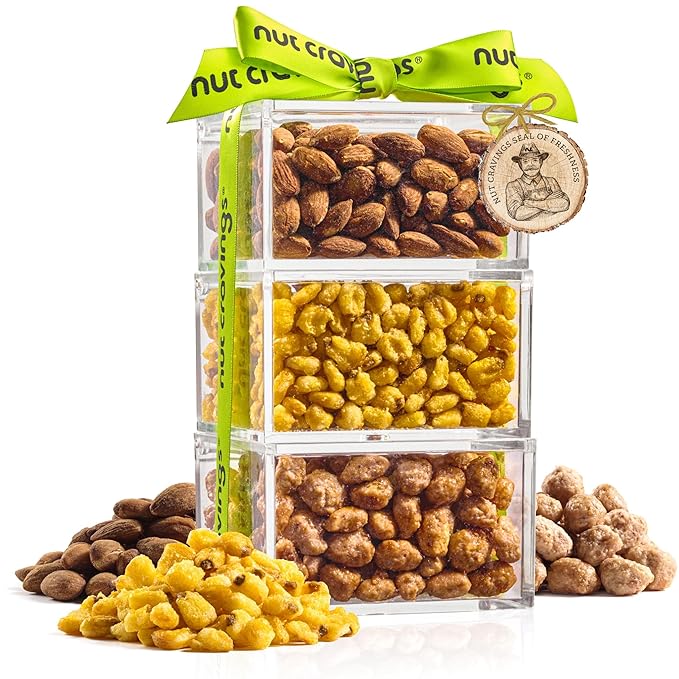 NUT CRAVINGS - Easter Mixed Nuts Acrylic Tower Gift Basket with Ribbon (3 Tier Assortment) Ramadan Gifts Treats for Adults Food Arrangement Healthy Snack Care Package Kosher