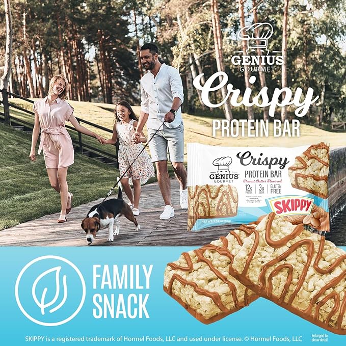 Genius Gourmet SKIPPY® Peanut Butter Flavored Crispy Protein Bars12g Protein per serving (24% DV) 3g Sugar Delicious Snack Bar Gluten Free – 10 Count
