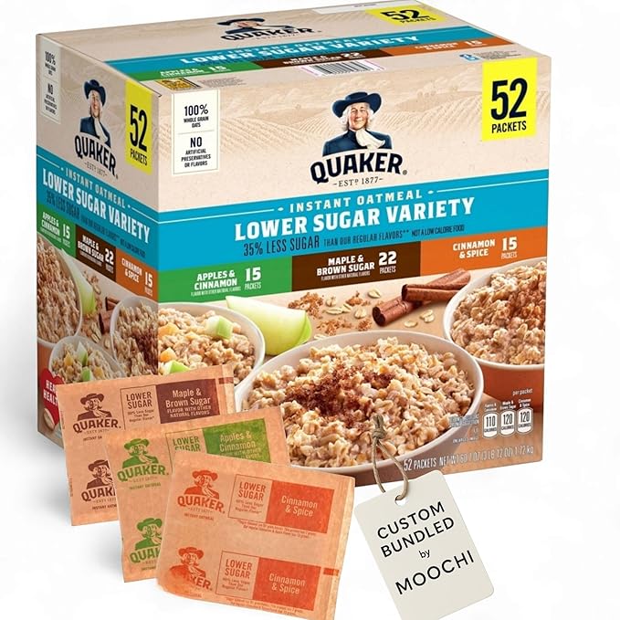 Instant Oatmeal Lower Sugar 3 Flavor Variety Pack 52 Count. Custom Bundled by MOOCHI