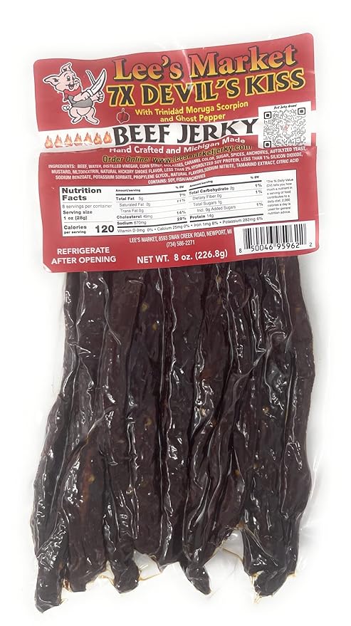 Lee's Market 7X Devils Kiss Beef Jerky - Soft &amp Tender - Healthy Low Carb Gluten-Free Snack - Paleo &amp Keto-Friendly - Michigan Made Handcrafted Jerky - Specialty Gourmet Meat Snacks - 8oz